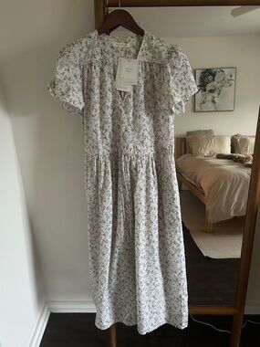 Christy Dawn Sea Spray Floral Midi Dress in White and Blue